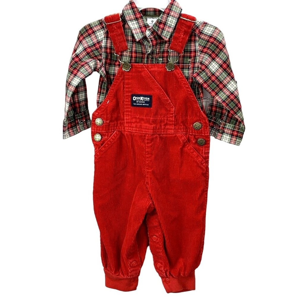 Vintage Oshkosh BGosh Vestbak Overalls Corduroy USA Red 6/9 mo Knit Cuffs Set